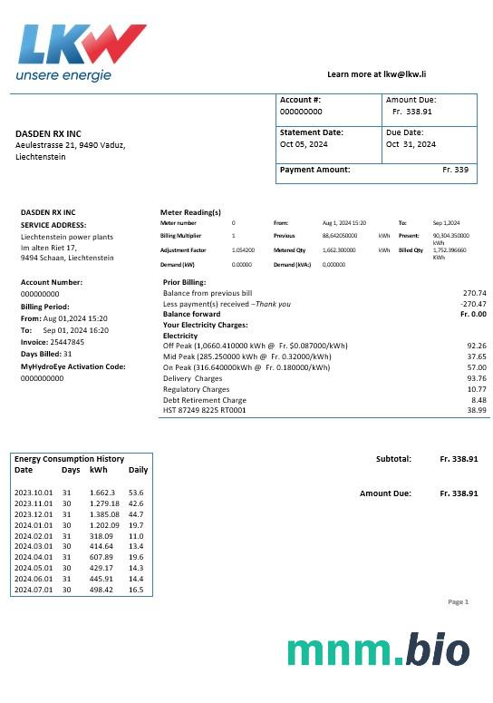 Liechtenstein Ische Kraftwerke (LKW) szablon rachunku za energię elektryczną w formatach Word i PDF